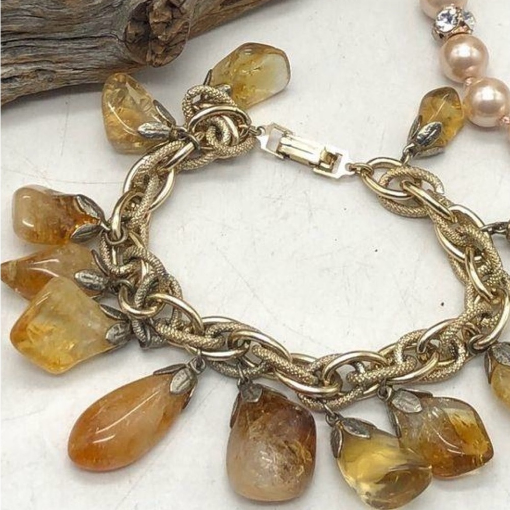 Vintage Citrine Lucite Charm Dangle Gold-Tone Statement Bracelet